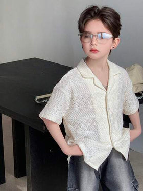 Dazy Kids قميص كاجوال ذو ياقة لاقلب وأكمام قصيرة أحادي الصدر للفتيان المراهقين