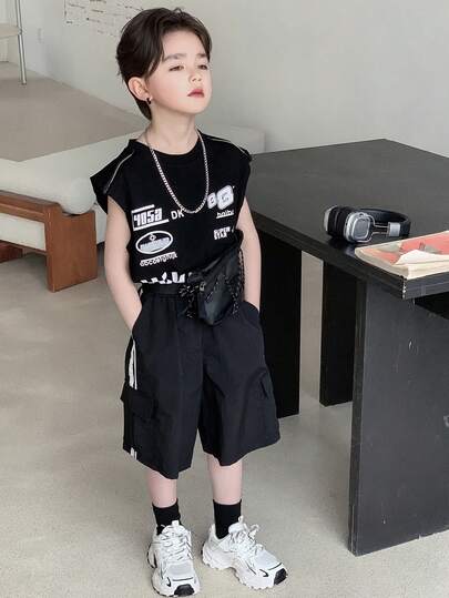 Dazy Kids شورت فضفاض مع جيوب جانبية وخطوط جانبية للأولاد المراهقين