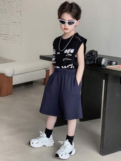Dazy Kids شورت كاجوال فضفاض بجيوب وخصر مطاطي لون أحادي للأولاد المراهقين