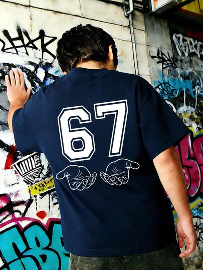 تي شيرت بطبعة خطوط النخيل "67" للأولاد المراهقين، تي شيرت بياقة طاقم وأكمام قصيرة، قماش ناعم ومريح، لباس علوي صيفية عصرية للأولاد
