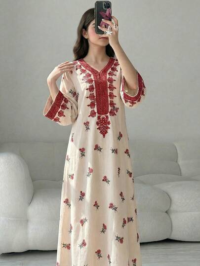 SHEIN رمضان فستان فضفاض بأكمام طويلة وياقة على شكل حرف V مع طباعة زهرية للفتيات المراهقات