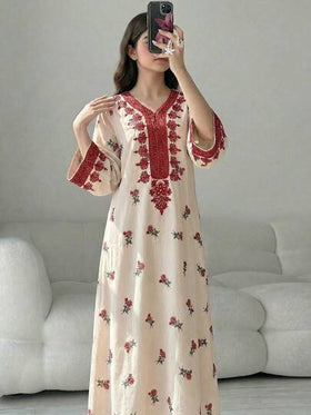 SHEIN رمضان فستان فضفاض بأكمام طويلة وياقة على شكل حرف V مع طباعة زهرية للفتيات المراهقات