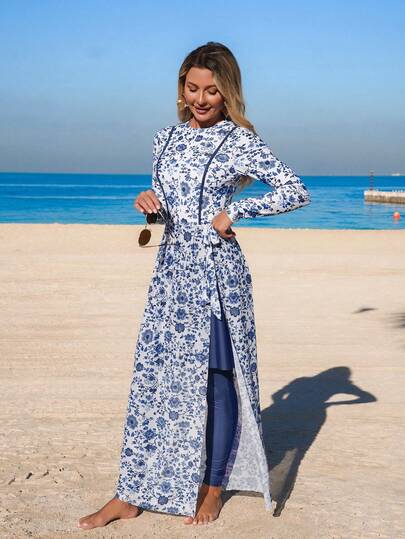 Swim Mulvari مجموعة من 4 قطع للنساء: فستان قطعة واحدة بطبعة زهور زرقاء مع تنورة شفافة، جمبسوت قفزة كم طويل، وبنطلون ضيق، ملابس سباحة متواضعة ولكن أنيقة للعطلات، للربيع والصيف