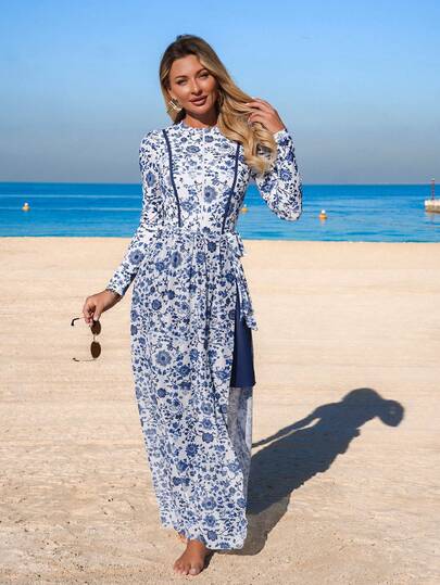 Swim Mulvari مجموعة من 4 قطع للنساء: فستان قطعة واحدة بطبعة زهور زرقاء مع تنورة شفافة، جمبسوت قفزة كم طويل، وبنطلون ضيق، ملابس سباحة متواضعة ولكن أنيقة للعطلات، للربيع والصيف