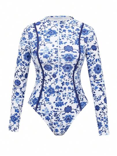 Swim Mulvari مجموعة من 4 قطع للنساء: فستان قطعة واحدة بطبعة زهور زرقاء مع تنورة شفافة، جمبسوت قفزة كم طويل، وبنطلون ضيق، ملابس سباحة متواضعة ولكن أنيقة للعطلات، للربيع والصيف