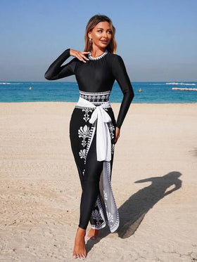 Swim Mulvari بدلة نسائية أنيقة للربيع/الصيف بياقة مستديرة وأكمام طويلة وسحاب، ومجموعة بدلة سباحة نسائية طويلة مع تنورة شبكية طويلة الربطة الخصر