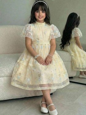 SHEIN فستان من قماش الدانتيل مع رقبة دائرية وأكمام مكشكشة، أنيق للفتيات المراهقات