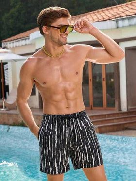 Manfinity KASUA شورت شاطئ رجالي بخصر رباط وجيوب مائلة بطبعة صبغ التعتيق، صيفي