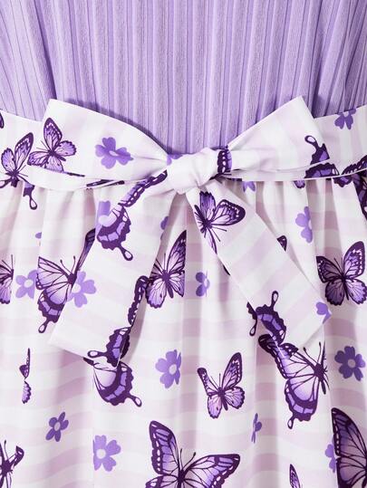 SHEIN Explorewe فستان بناتي بطبعة فراشات على الجسم من كاسوفي، فستان كنزة بتصميم رقعي بدون أكمام مع حزام خصر، مناسب للارتداء اليومي الكاجوال في الربيع والصيف