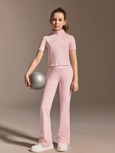SHEIN بنطلون رياضي وجاكيت مخطط ملون مع سحاب للبنات المراهقات، طقم ملابس كاجوال رياضي أنيق لارتداء المدرسة، بلوزة قصيرة الأكمام وبنطلون ضيق، ملابس للبنات الصغيرات