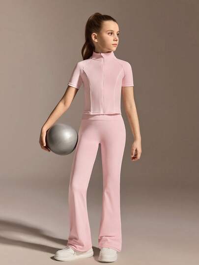 SHEIN بنطلون رياضي وجاكيت مخطط ملون مع سحاب للبنات المراهقات، طقم ملابس كاجوال رياضي أنيق لارتداء المدرسة، بلوزة قصيرة الأكمام وبنطلون ضيق، ملابس للبنات الصغيرات