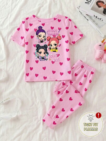 مجموعة بيجامة بطباعة كرتونية للبنات، ملابس علوية قصير الأكمام وبنطلون ناعم مرن بنقشة قلوب وفتيات باللون الوردي، ملابس نوم مريحة