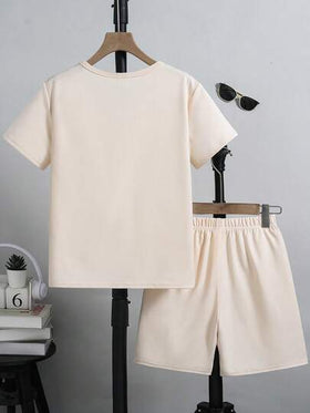 SHEIN مجموعة قميص وشورت أزرق سماوي للأولاد المراهقين للربيع/الصيف، ملابس رياضية عصرية بطباعة حرفية ثلاثية الأبعاد، طقم صيفي للأولاد، 2 قطعة