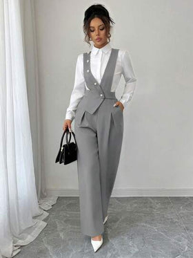 SHEIN PETITE تصميم أمامي بأزرار اللؤلؤ أنيق جديد لربيع/صيف، بدلة موحدة للمعلمين أنيقة، بدلة قفزة كاجوال احترافية أنيقة، مناسبة لعيد الشكر وعيد الهالوين، متنوعة الأنماط، فضفاضة وواسعة، تصميم ساق واسعة، بدلة قفزة باللون الوردي، طقم ساق واسعة