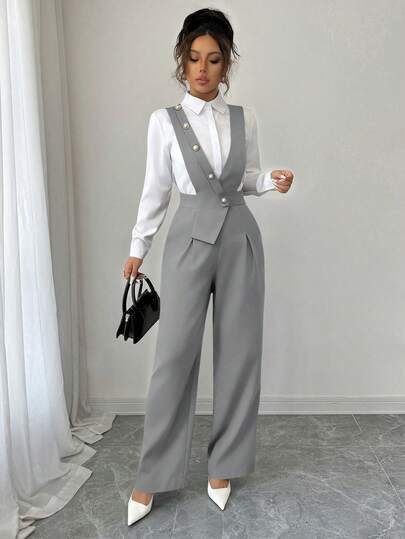 SHEIN PETITE تصميم أمامي بأزرار اللؤلؤ أنيق جديد لربيع/صيف، بدلة موحدة للمعلمين أنيقة، بدلة قفزة كاجوال احترافية أنيقة، مناسبة لعيد الشكر وعيد الهالوين، متنوعة الأنماط، فضفاضة وواسعة، تصميم ساق واسعة، بدلة قفزة باللون الوردي، طقم ساق واسعة