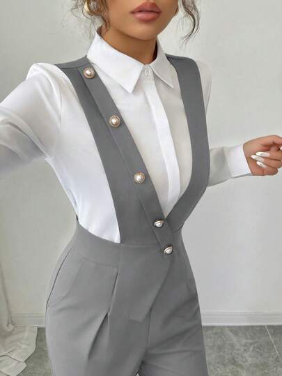 SHEIN PETITE تصميم أمامي بأزرار اللؤلؤ أنيق جديد لربيع/صيف، بدلة موحدة للمعلمين أنيقة، بدلة قفزة كاجوال احترافية أنيقة، مناسبة لعيد الشكر وعيد الهالوين، متنوعة الأنماط، فضفاضة وواسعة، تصميم ساق واسعة، بدلة قفزة باللون الوردي، طقم ساق واسعة
