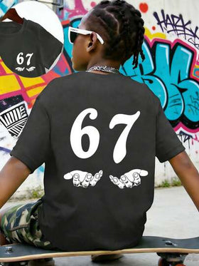 ملابس علوية تي شيرت بطباعة رقم "67" مضحك للأولاد، قماش ناعم ومريح، موضة صيفية للأولاد
