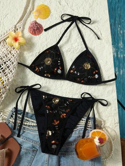 Swim SXY بكيني مزين بالترتر والزهور مع ربطة أمامية للنساء