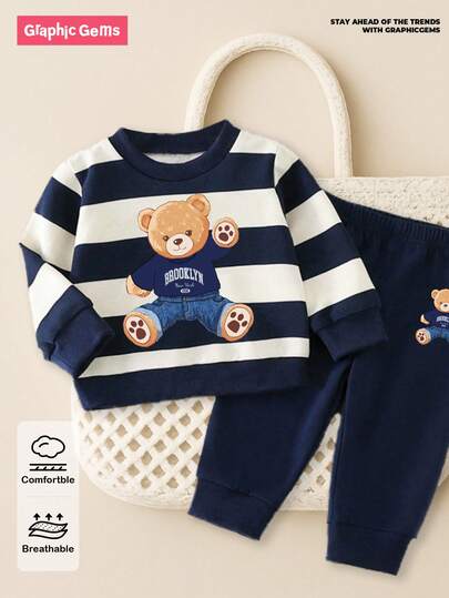 SHEIN Playful Pals مجموعة ملابس عادية أنيقة للأطفال الصبية، تشمل بلوزة رياضية مزينة برسم الدب المخطط وبنطال رياضي مطابق، مريحة ومناسبة للخريف/الشتاء/الربيع