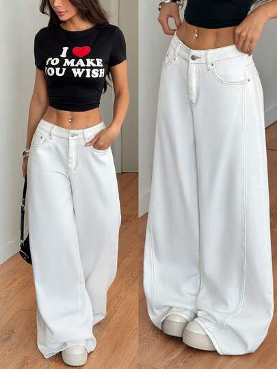 SHEIN Tall جينز مستقيم فضفاض متعدد الاستخدامات بجيوب ذو خصر منخفض بلون أحادي للنساء من الربيع إلى الصيف