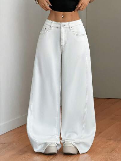 SHEIN Tall جينز مستقيم فضفاض متعدد الاستخدامات بجيوب ذو خصر منخفض بلون أحادي للنساء من الربيع إلى الصيف
