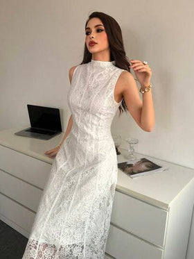 Modelyn فستان حفلة أنيق للنساء بياقة عالية وتطريز دانتيل وخصر مشدود وطول متوسط