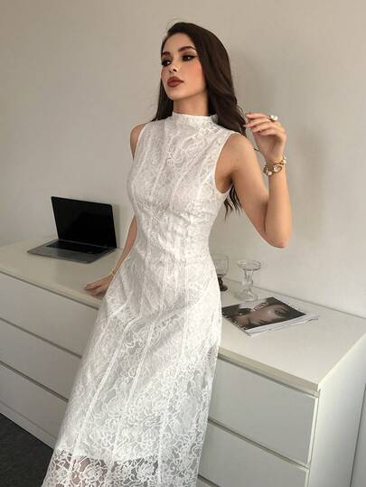 Modelyn فستان حفلة أنيق للنساء بياقة عالية وتطريز دانتيل وخصر مشدود وطول متوسط