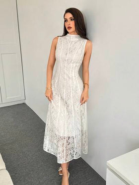 Modelyn فستان حفلة أنيق للنساء بياقة عالية وتطريز دانتيل وخصر مشدود وطول متوسط