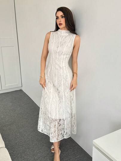 Modelyn فستان حفلة أنيق للنساء بياقة عالية وتطريز دانتيل وخصر مشدود وطول متوسط