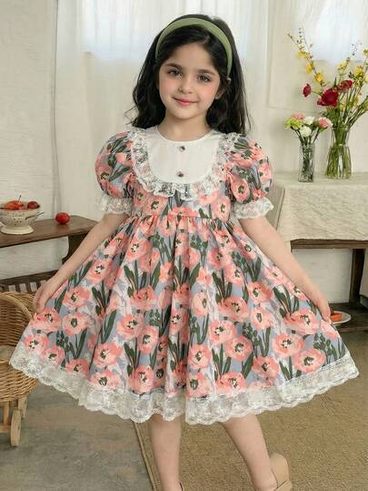LMoss Kids رمضان فستان صيفي للفتاة مطبوع بطبعات زهرية مع رقعات مطرزة وأكمام منفوخة من الشبك