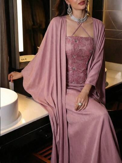 Modelyn طقم أنيق من قطعتين للنساء يتكون من: معطف طويل الأكمام وردي اللون منسوج أنيق، وفستان أنيق بخصر مربوط بشريط وطبعات مطرزة بخرز منسوج