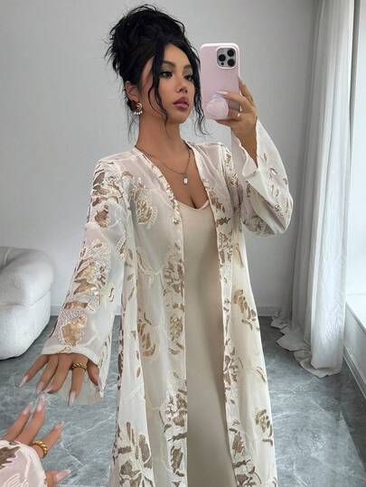 Yasmyna رمضان عباءة نسائية فضفاضة مطرزة بالخرز والحبال المطرزة بشكل فضفاض وأنيق على الطراز العربي الرومانسي