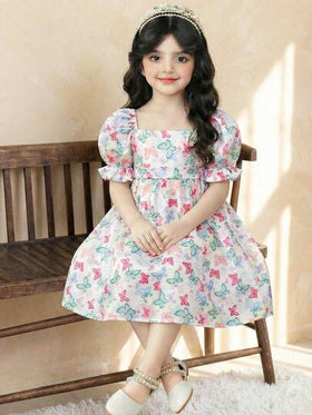 LMoss Kids فستان مطرز بياقة مربعة مناسب للفتاة الصغيرة مصنوع من شبكة منسوجة