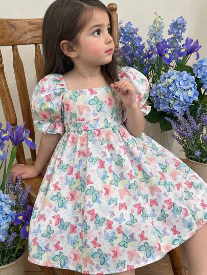 LMoss Kids فستان مطرز بياقة مربعة مناسب للفتاة الصغيرة مصنوع من شبكة منسوجة