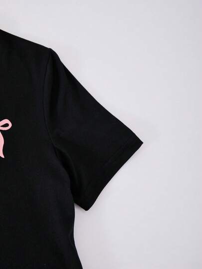 SHEIN مجموعة قصيرة الأكمام وبنطلون للمراهقين 2 قطعة، مزينة بربطة فراشة، باللون الوردي، مناسبة للربيع/الصيف، للرياضة والملابس الكاجوال