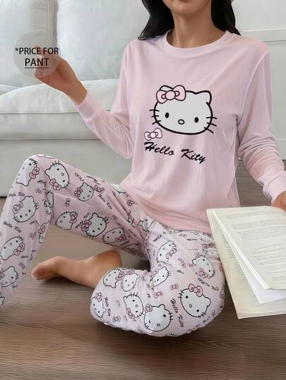SANRIO 1 قطعة بنطلون بيجاما بطباعة هالو كيتي، ملابس نوم جميلة للنساء، بطراز Y2K، مناسبة للخريف والشتاء