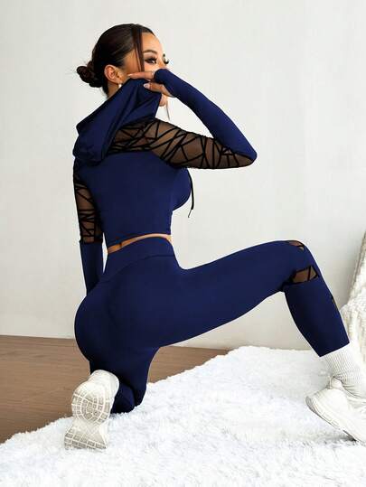 Easithlete بدلة رياضية مكونة من ملابس علوية طويل الأكمام برقبة مغطاة بشبكة قطعة واحدة وبنطال ضيق عالي الخصر