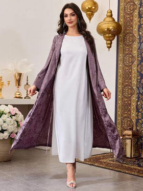Al Najma رمضان عباءة أنيقة للنساء بأكمام طويلة وربطة أمامية، مصنوعة من نسيج جاكار منسوج باللون البنفسجي