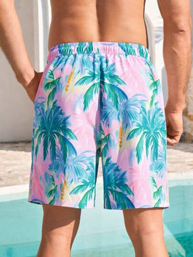 Manfinity Swimmode شورت كاجوال بخصر رباط مطبوع بأشجار النخيل للرجال