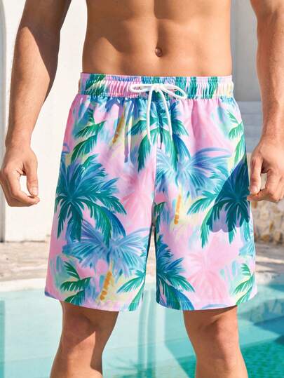 Manfinity Swimmode شورت كاجوال بخصر رباط مطبوع بأشجار النخيل للرجال