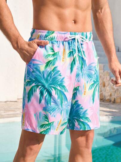 Manfinity Swimmode شورت كاجوال بخصر رباط مطبوع بأشجار النخيل للرجال