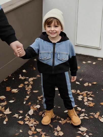 SHEIN Streecool Kids طقم بنطلون وجاكيت دنيم بنمط رجعي للأولاد من عمر 4-7 سنوات، جاكيت بسحاب وقلنسوة، بنطلون بخصر مطاطي، مجموعة من قطعتين، مناسب للخريف والشتاء