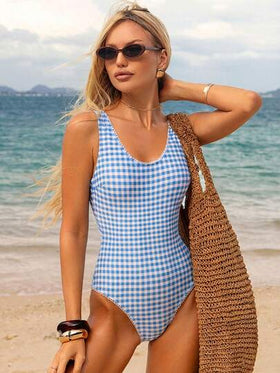 Swim Mod بدلة سباحة قطعة واحدة للنساء بتصميم ظهر مكشوف وطبعات منقوشة، مناسبة للعطلات الصيفية والشاطئ
