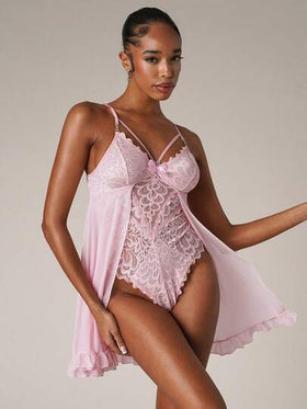 SHEIN BAE بوديسوت داخلية نسائية من القماش الشفاف المخرم والدانتيل الجذاب مزدوجة الغطاء