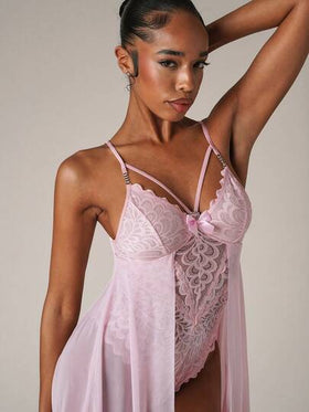 SHEIN BAE بوديسوت داخلية نسائية من القماش الشفاف المخرم والدانتيل الجذاب مزدوجة الغطاء