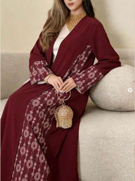 Al Najma رمضان عباية أنيقة طويلة الأكمام بياقة على شكل حرف V مع طباعة جرافيك للنساء