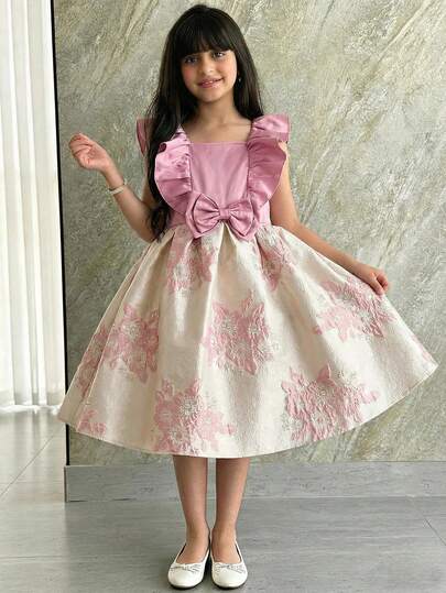 SHEIN فستان من قماش جاكارد ذو ياقة مربعة أنيقة وتريم كشكش للفتيات المراهقات بلون أحادي