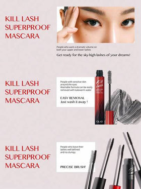 Clio ماسكارا مقاومة للماء " الرموش"، صيغة مجعدة ومكثفة، مقاومة للماء وللبقع، مكياج عيون طويل الأمد، فرشاة تنظيف الرموش