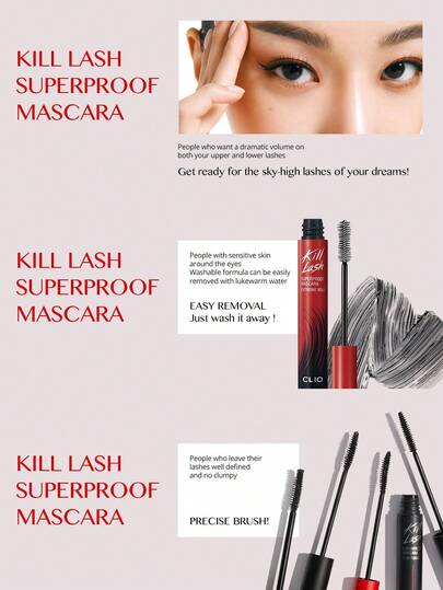 Clio ماسكارا مقاومة للماء " الرموش"، صيغة مجعدة ومكثفة، مقاومة للماء وللبقع، مكياج عيون طويل الأمد، فرشاة تنظيف الرموش