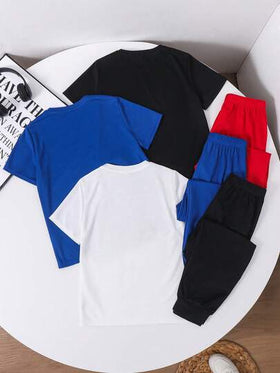 SHEIN 6 قطع مجموعة قميص وبنطلون رياضي بطبعات جرافيك للأولاد المراهقين، أنيق وكاجوال، مناسب للصيف والرياضة والمدرسة والعطلات